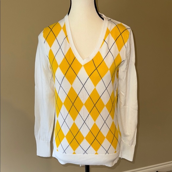 Tommy Hilfiger Argyle Sweater Yellow and White V-Neck Women's Size M - Picture 1 of 7